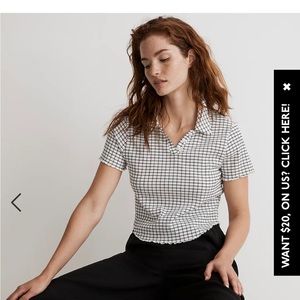 Madewell Crinkle Polo Crop Tee in Windowpane